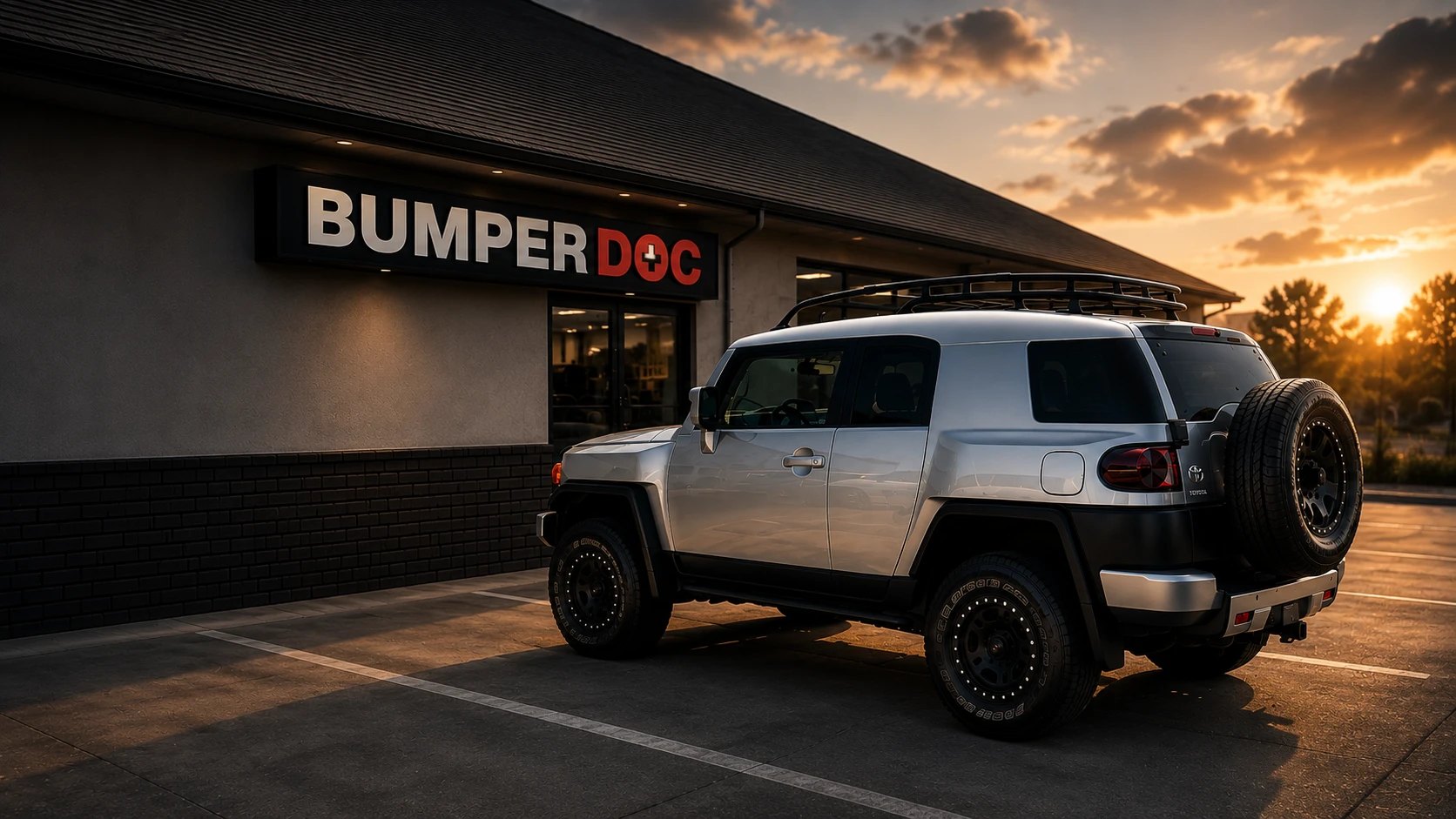 Silver SUV parked outside the BumperDoc Santee shop at sunset
